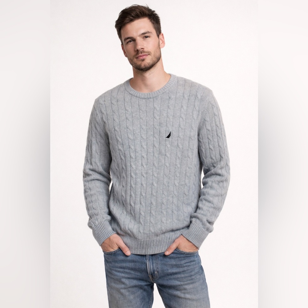 Nautica Men’s Cable Knit Sweater Classic Logo Crewneck Nautical Preppy Grandpa